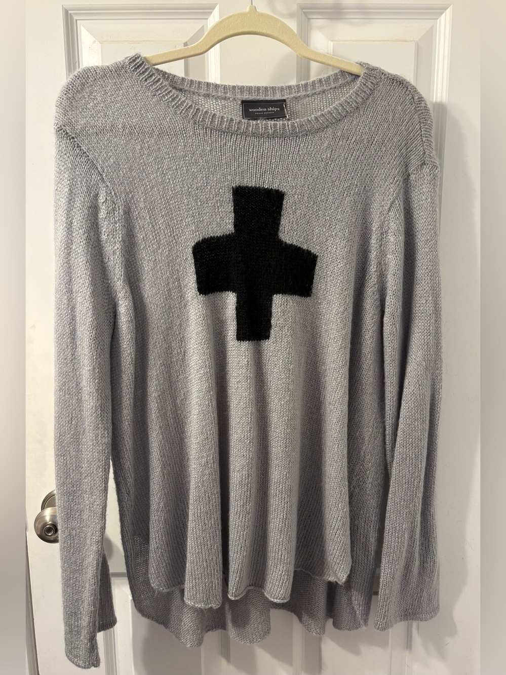 Wooden Ships Gray Crewneck Sweater with Black Cross